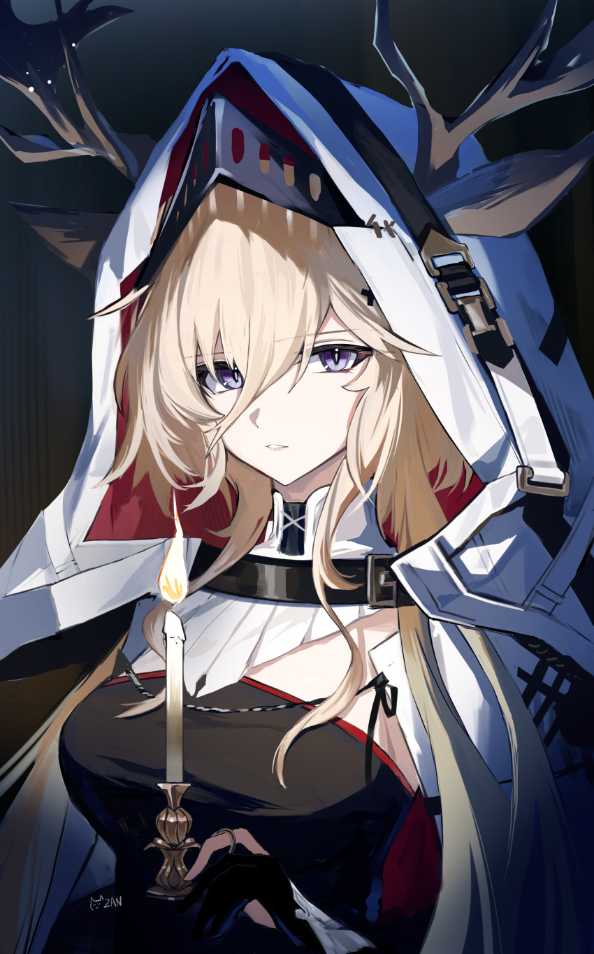 absurdres animal_ears antlers arknights black_dress blonde_hair candle cape commentary dress female hair_between_eyes highres holding holding_candle hood hood_up hooded_cape horns jewelry long_bangs long_hair looking_at_viewer parted_lips purple_eyes ring sigma_zan signature solo upper_body viviana_(arknights) white_cape