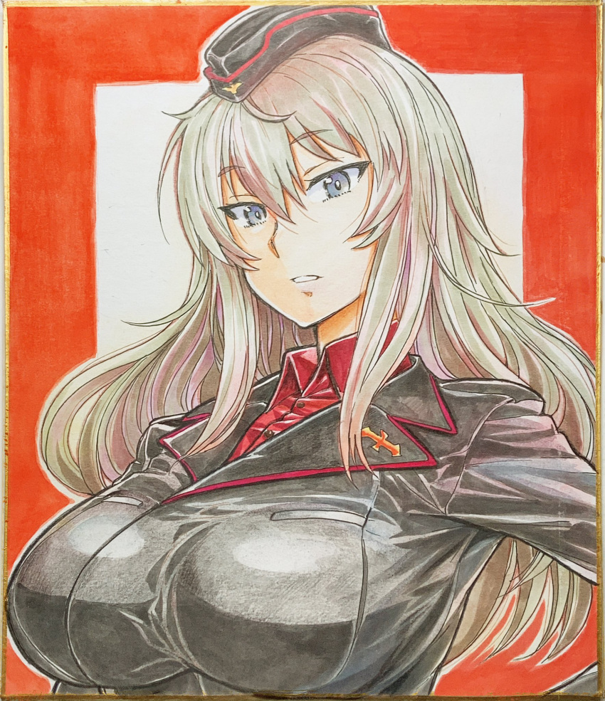 bird black_hat black_jacket blue_eyes border breast_pocket breasts buttons colored_pencil_(medium) commentary_request dress_shirt eagle female garrison_cap girls_und_panzer grey_hair hair_between_eyes hat highres impossible_clothes impossible_jacket itsumi_erika jacket kuromorimine_military_uniform large_breasts leather leather_jacket long_hair long_sleeves looking_at_viewer marker_(medium) military military_hat military_uniform nabeyu nib_pen_(medium) open_mouth painting_(medium) pocket red_border red_shirt red_trim scan school_uniform shiny_clothes shirt solo standing traditional_media watercolor_(medium)