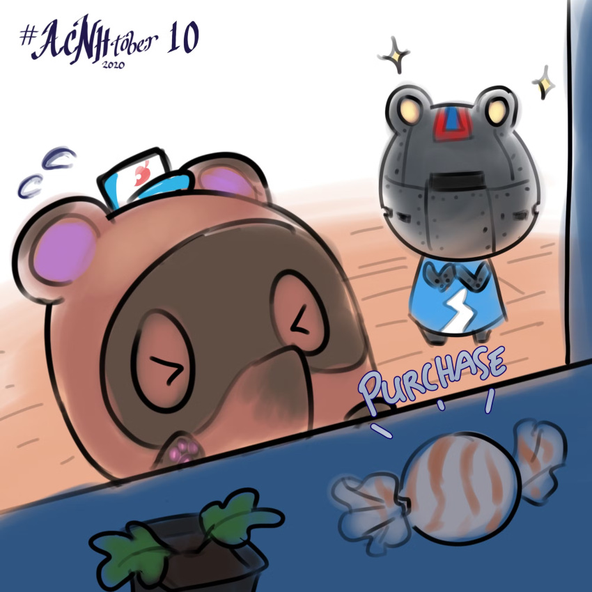 2020 amphibian animal_crossing anthro bent_arm blue_clothing blue_dress blue_hat blue_headwear bodily_fluids brown_body brown_fur candy closed_eyes clothed clothed_anthro clothed_male clothing colored dated dessert digital_drawing_(artwork) digital_media_(artwork) dress duo duokhay english_text food frog fur grey_body hands_together hat headgear headwear hi_res hybrid machine male male_anthro multicolored_body multicolored_fur nintendo pawpads plant plant_pot potted_plant purple_inner_ear purple_pawpads ribbot_(animal_crossing) robot shaded shelf simple_background sparkles standing sweat sweatdrop text tommy_nook two_tone_body two_tone_fur white_background year yellow_eyes