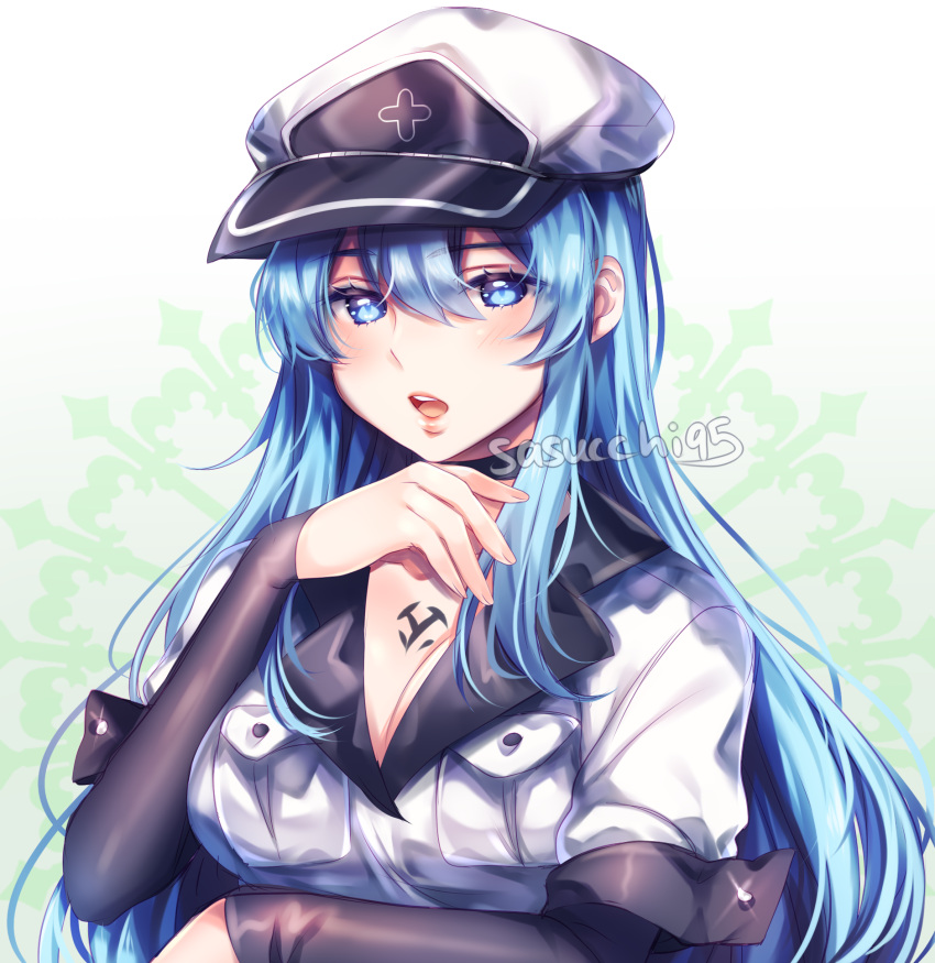 akame_ga_kill! arm_under_breasts artist_name black_choker blue_eyes blue_hair blush chest_tattoo choker commentary double-parted_bangs english_commentary esdeath female fingernails hair_between_eyes hand_up hat highres jacket lapels layered_sleeves lips long_hair long_sleeves looking_at_viewer open_mouth sasucchi95 short-sleeved_jacket short_over_long_sleeves short_sleeves sidelocks simple_background solo tattoo teeth tongue upper_body upper_teeth_only white_hat white_jacket