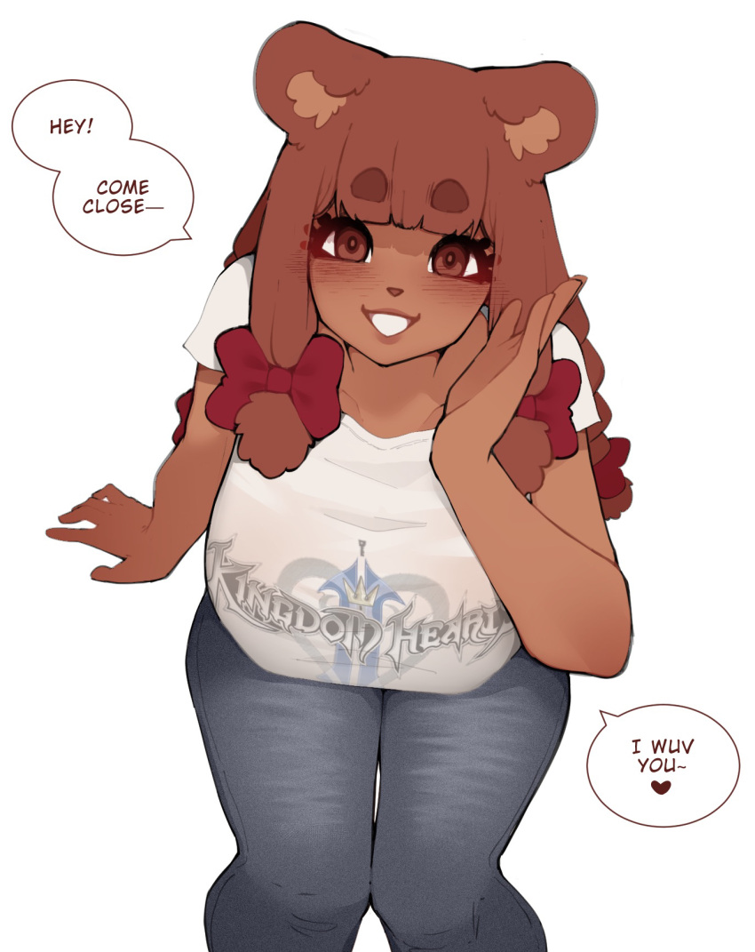 1girls anthro bear_ears bear_girl beau_(luxurias) big_breasts blush brown_body brown_eyes brown_hair dialogue english_text eyebrows_visible_through_hair female female_only hair_ribbon hi_res long_hair looking_at_viewer low_twintails luxurias smiling smiling_at_viewer solo speech_bubble talking_to_viewer ursid ursid_humanoid white_background wholesome