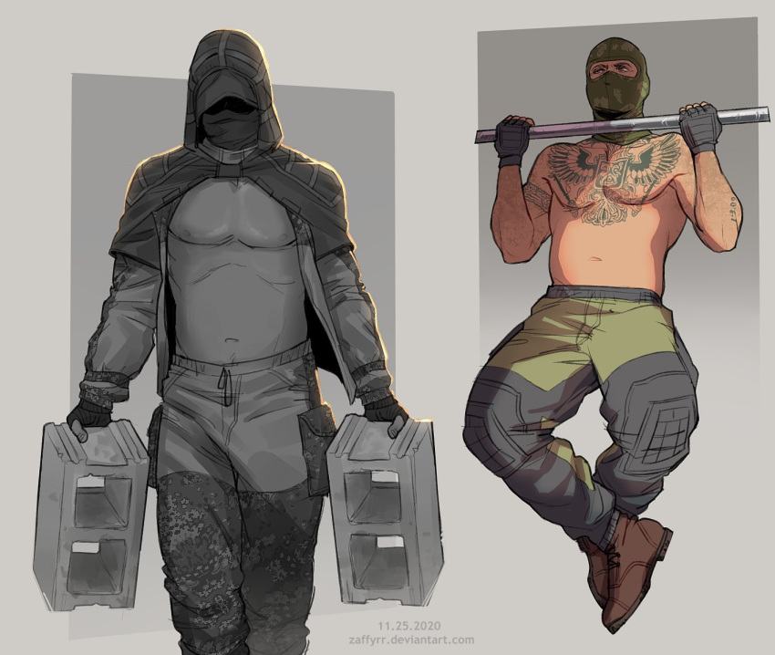 2boys bandana bandana_over_mouth black_gloves brown_footwear camouflage chest_tattoo cinder_block commentary crossed_ankles dated deviantart_username english_commentary fingerless_gloves gloves gorka highres hood hood_up horizontal_bar kapkan_(rainbow_six_siege) looking_ahead male_focus mask multicolored_pants multiple_boys navel pants pectorals rainbow_six_siege shaded_face tachanka_(rainbow_six_siege) tattoo topless_male zaffyrr1