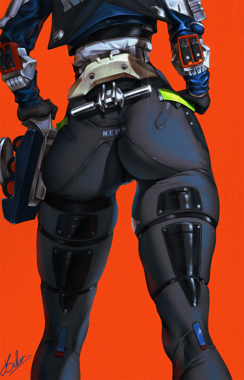 ass ass_focus bekus black_gloves black_pants blue_jacket female from_behind gloves highres jacket legs light_particles lower_body orange_background out_of_frame pants police police_uniform policewoman signature simple_background solo thighs zenless_zone_zero zhu_yuan