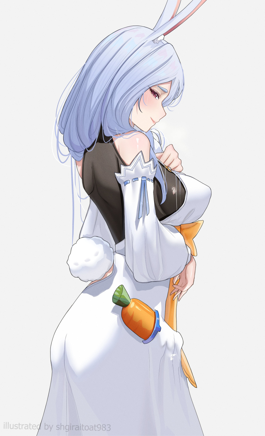 absurdres animal_ears ass black_bodysuit blue_hair bodysuit breasts carrot_in_pocket female highres hololive large_breasts looking_at_viewer mature_female multicolored_hair pekomama rabbit_ears rabbit_girl self-upload shiraitoart983 sideboob solo streaked_hair virtual_youtuber white_background white_hair