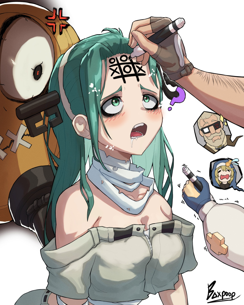 2boys ? a.b.a absurdres anger_vein bandaged_neck bandages bare_shoulders blush breasts bridget cleavage commentary cropped_jacket drooling female forehead forehead_writing goldlewis_dickinson green_eyes green_hair grey_jacket guilty_gear guilty_gear_strive hairband highres holding holding_marker jacket key_in_head long_hair marker multiple_boys object_through_head off-shoulder_jacket off_shoulder open_mouth otoko_no_ko paracelsus_(guilty_gear) poopman sparkle teeth tic-tac-toe trembling white_hairband