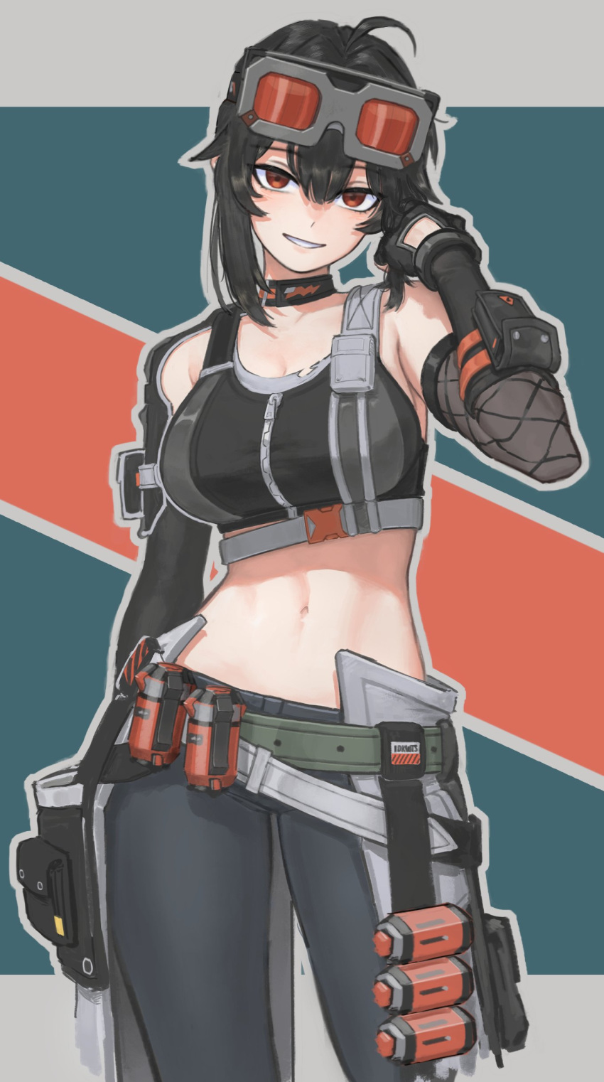 absurdres adjusting_hair ahoge belt black_gloves black_hair black_pants breasts cleavage commentary crop_top english_commentary explosive female gloves goggles goggles_on_head grace_howard grenade grin hair_between_eyes halfbakelim highres large_breasts looking_at_viewer medium_hair midriff navel pants pouch red_eyes smile solo thigh_pouch torn_clothes zenless_zone_zero zipper