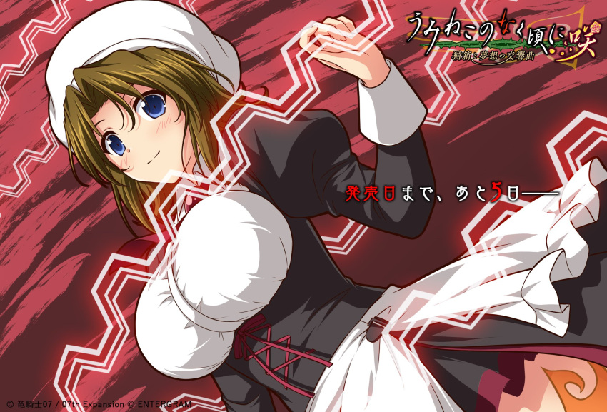 apron beret blue_eyes blush breasts brown_hair company_name copyright_name cross-laced_clothes cross-laced_dress dot_nose dress female frills from_below hat highres large_breasts leg_tattoo logo long_sleeves looking_at_viewer maid necktie official_art ougon_musou_kyoku parted_bangs puffy_long_sleeves puffy_sleeves shannon_(umineko) short_hair smile solo tattoo tsuda_akira umineko_no_naku_koro_ni white_apron