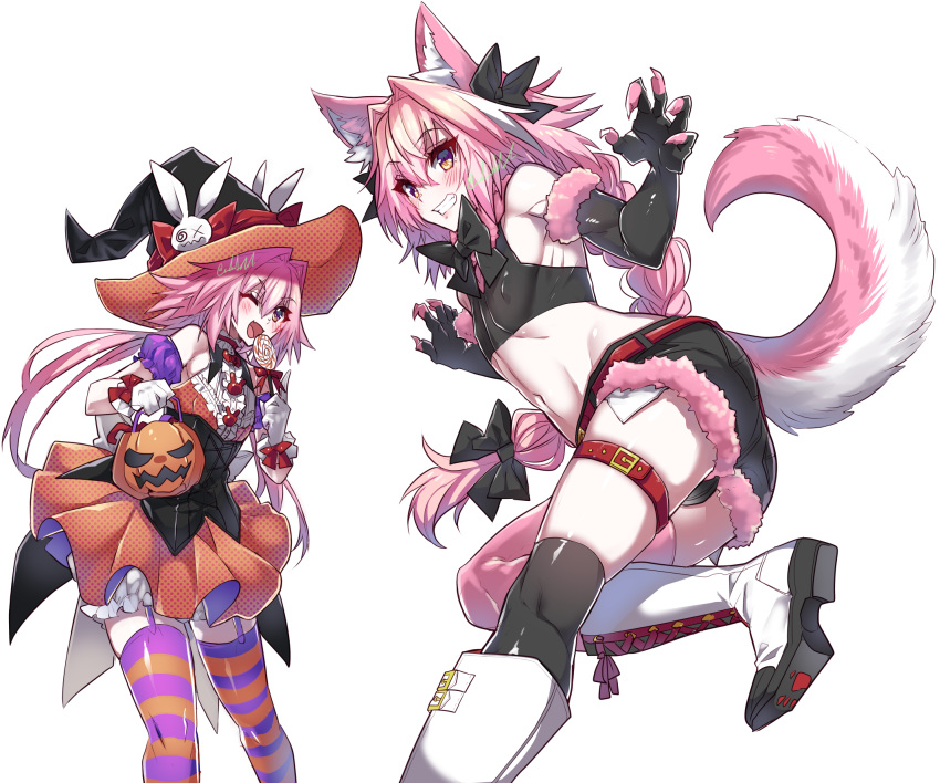 2boys animal_ear_fluff animal_ears arm_scrunchie astolfo_(fate) astolfo_(saber)_(fate) asymmetrical_legwear bare_shoulders belt black_bow black_bowtie black_corset black_panties black_shirt black_shorts bow bowtie braid bulge candy collar corset covered_nipples cowboy_shot crop_top cross-laced_footwear crossdressing denim denim_shorts dress dual_persona fake_claws fate/apocrypha fate/grand_order fate_(series) feet_out_of_frame food fox_boy fox_ears fox_tail frilled_collar frills fur-trimmed_gloves fur-trimmed_shorts fur_trim gloves grin hair_between_eyes hair_intakes hairbow halloween halloween_bucket halloween_costume haoro hat hat_ribbon highres holding holding_candy holding_food holding_lollipop horizontal-striped_thighhighs lollipop long_braid long_hair low_twintails male_focus midriff mismatched_legwear multicolored_hair multiple_boys navel oerba_yun_fang one_eye_closed open_mouth orange_dress orange_eyes otoko_no_ko panties pink_claws pink_hair pink_thighhighs purple_eyes purple_garter_straps rabbit_hat_ornament red_belt ribbon shirt short_shorts shorts signature simple_background single_braid skin_fang sleeveless sleeveless_dress sleeveless_shirt smile streaked_hair striped_clothes striped_thighhighs swirl swirl_lollipop tail thigh_belt thigh_strap thighhighs thighs twintails two-sided_fabric two-sided_headwear two-sided_skirt two-tone_hair two-tone_legwear two-tone_thighhighs underwear very_long_hair white_background white_footwear white_hair witch_hat