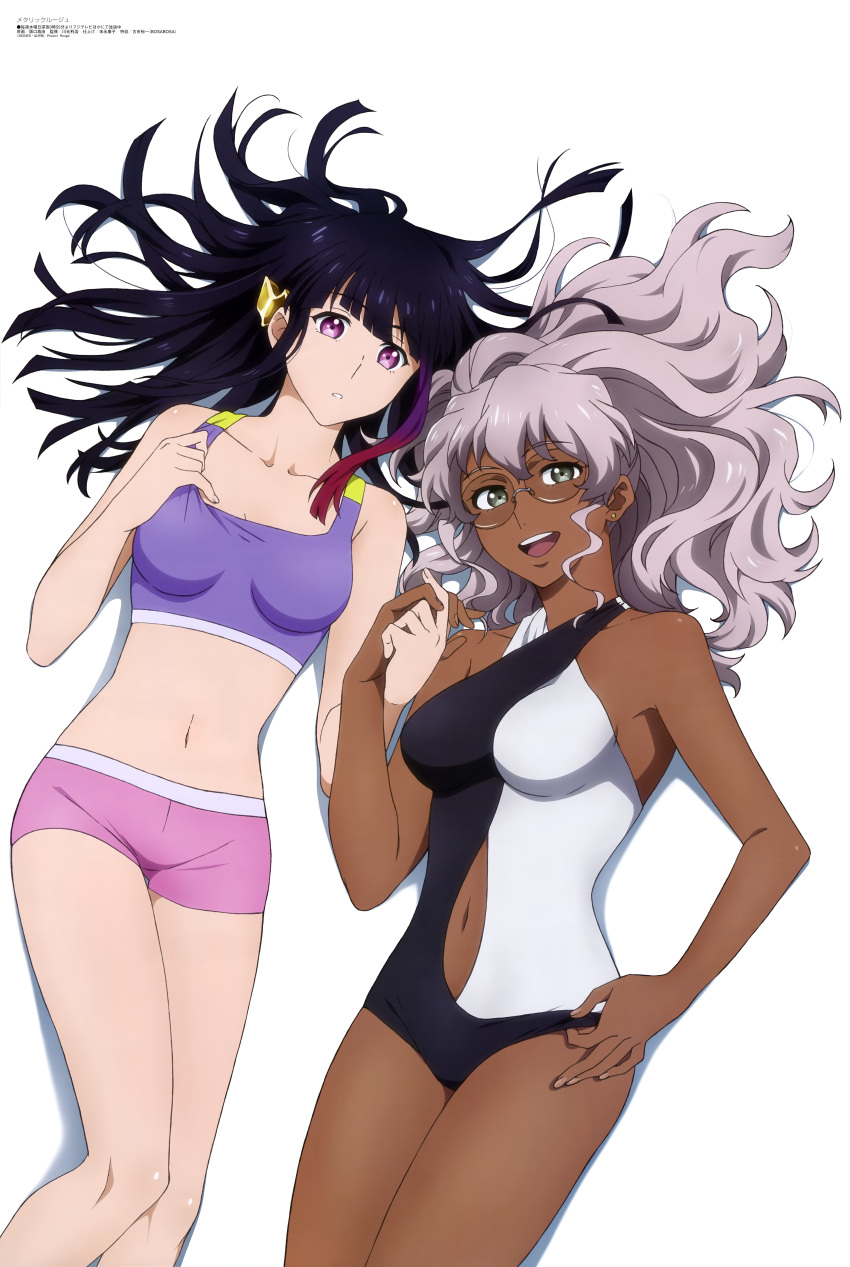 2girls absurdres bikini bikini_bralette black_hair black_one-piece_swimsuit blunt_bangs breasts dark-skinned_female dark_skin glasses green_eyes grey_hair hair_between_eyes hair_ornament halterneck highres long_hair lying magazine_scan megami_magazine metallic_rouge mismatched_bikini multiple_girls naomi_orthmann navel official_art one-piece_swimsuit parted_lips pink_shorts purple_bikini purple_eyes rouge_redstar sakaguchi_mayu scan shorts simple_background small_breasts smile swimsuit tankini teeth two-tone_one-piece_swimsuit upper_teeth_only white_background white_one-piece_swimsuit