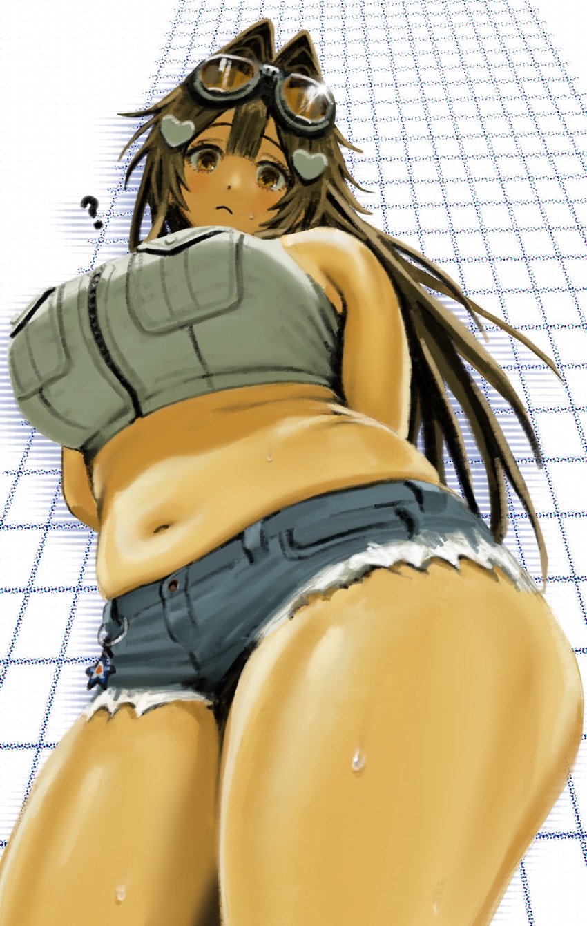 ? arms_behind_back bare_shoulders blue_shorts blush breast_pocket breasts brown_eyes brown_hair confused cowboy_shot crop_top cropped_shirt curvy denim denim_shorts dot_nose fat_rolls female from_below glint goggles goggles_on_head grid_background hair_intakes hair_ornament heart heart_hair_ornament highres hott0g111 large_breasts long_hair looking_at_viewer looking_down midriff nanaco_(hott0g111) navel original plump pocket shirt short_shorts shorts skindentation sleeveless sleeveless_shirt solo standing straight_hair sweat tareme white_background white_shirt zipper