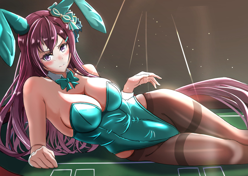 absurdres animal_ears bow bowtie breasts brown_eyes brown_hair brown_pantyhose casino_card_table cleavage detached_collar ear_bow ear_covers embarrassed feet_out_of_frame female frown fuyu_no_oka green_bow green_bowtie green_leotard highres horse_girl horse_tail large_breasts leotard long_hair lying mejiro_dober_(umamusume) on_side pantyhose playboy_bunny rabbit_ears solo strapless strapless_leotard table tail thighband_pantyhose umamusume wrist_cuffs