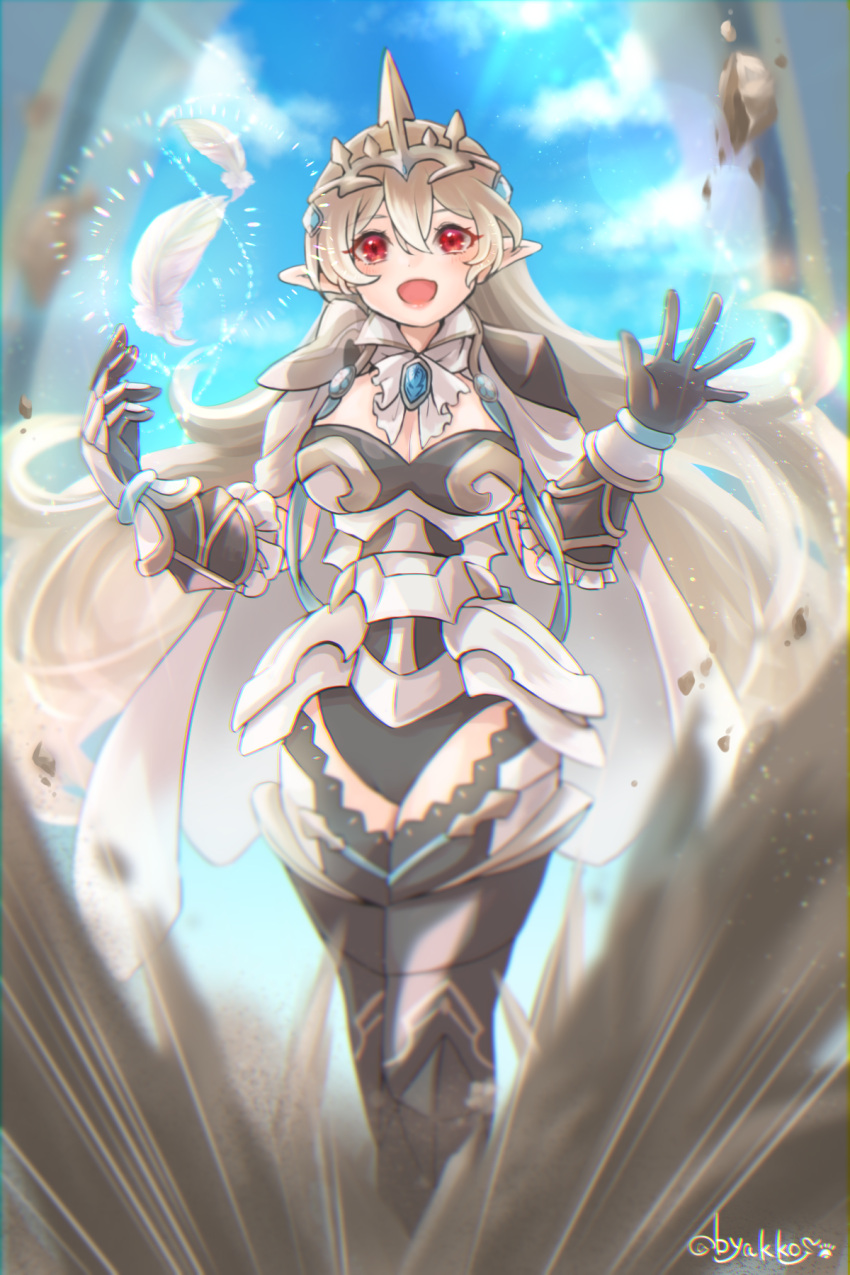 armor armored_leotard black_leotard byakkos cape corrin_(female)_(fire_emblem) corrin_(female)_(silent_bloodline)_(fire_emblem) corrin_(fire_emblem) crown female fire_emblem fire_emblem_fates fire_emblem_heroes floating floating_object highres leotard official_alternate_costume pointy_ears queen red_eyes shoulder_armor solo