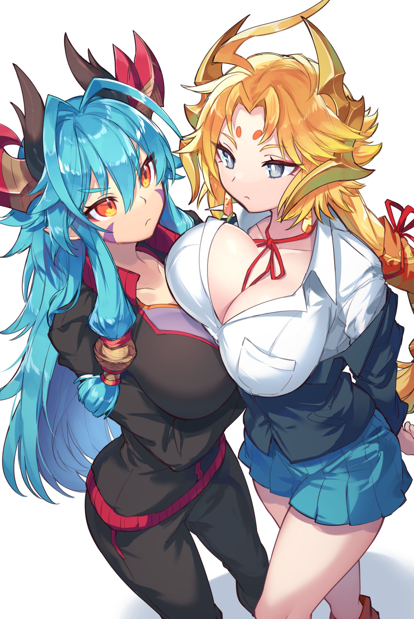 2girls absurdres arms_under_breasts asymmetrical_docking blonde_hair blue_hair blue_sky breast_press breasts cleavage dress_shirt facial_mark feet_out_of_frame grey_eyes highres horns kanna_(p&d) kuuron_(moesann17) large_breasts long_hair multiple_girls neck_ribbon orange_eyes pants pleated_skirt puzzle_&_dragons ribbon satsuki_(p&d) shirt skirt sky track_pants track_suit white_shirt