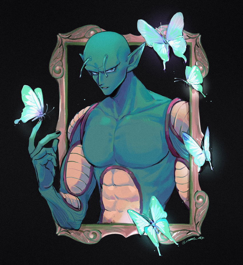 1boy abs antennae aqua_butterfly bald black_background black_eyes black_nails blue_butterfly bug butterfly butterfly_on_hand collarbone colored_skin dragon_ball glowing_butterfly green_skin highres male_focus muscular muscular_male namekian no_nipples nude parted_lips pectorals piccolo picture_frame pointy_ears signature solo teeth upper_body v-shaped_eyebrows vamos_mk white_butterfly