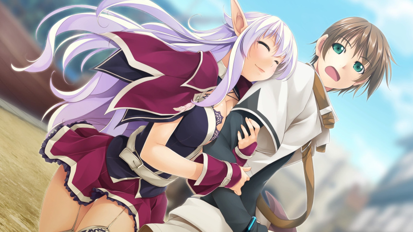 1boy ^_^ alto_travers atelier-moo belt breasts brown_hair cleavage closed_eyes cowboy_shot crossed_arms dark_elf elf female garter_straps green_eyes hair_between_eyes highres large_breasts long_hair long_pointy_ears long_sleeves miniskirt narrow_waist open_mouth pointy_ears purple_hair short_hair silvia_milsteen skirt smile standing thighs town very_long_hair wizards_symphony zettai_ryouiki