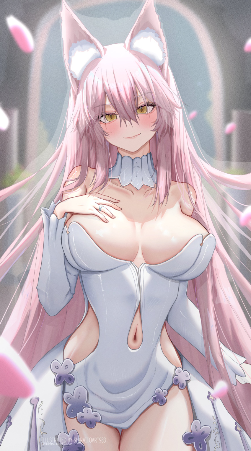 absurdres alternate_costume animal_ear_fluff animal_ears blue_eyes breasts cleavage dress fate/grand_order fate_(series) female fox_ears fox_girl gold hand_on_own_chest highres jewelry koyanskaya_(fate) large_breasts looking_at_viewer pink_hair ring self-upload shiraitoart983 smile solo tamamo_(fate) wedding_dress wedding_ring