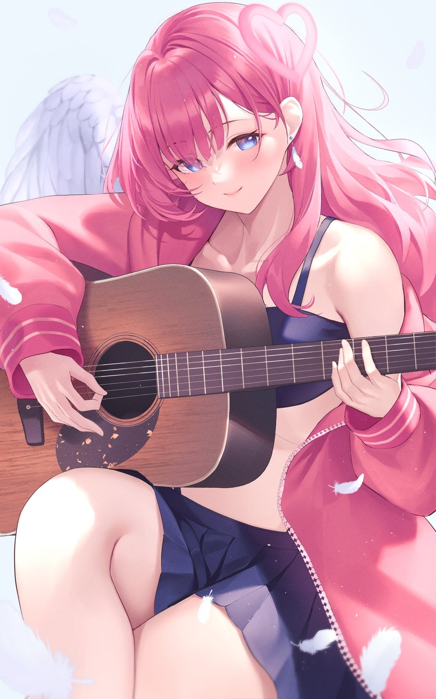 acoustic_guitar amatoku_yua angel_wings blue_bra blue_eyes blue_skirt blush bra closed_mouth commission crossed_legs earrings etoiles feather_earrings feathered_wings feathers female friend0426 guitar halo heart heart_halo highres holding holding_instrument instrument jacket jewelry light_smile long_hair miniskirt off_shoulder pink_jacket pleated_skirt single_bare_shoulder sitting skeb_commission skirt solo thighs track_suit underwear virtual_youtuber white_wings wings