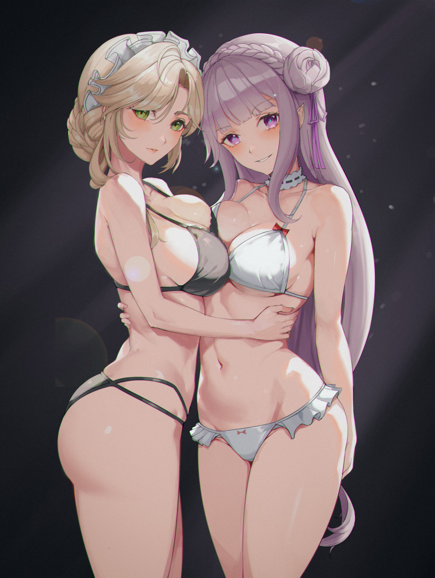 2girls absurdres ade_(nikke) bikini black_bikini breasts brown_hair cleavage crossover elias2art emilia_(re:zero) goddess_of_victory:_nikke green_eyes highres long_hair looking_at_viewer maid_headdress medium_breasts multiple_girls navel purple_eyes purple_hair re:zero_kara_hajimeru_isekai_seikatsu smile standing swimsuit white_bikini