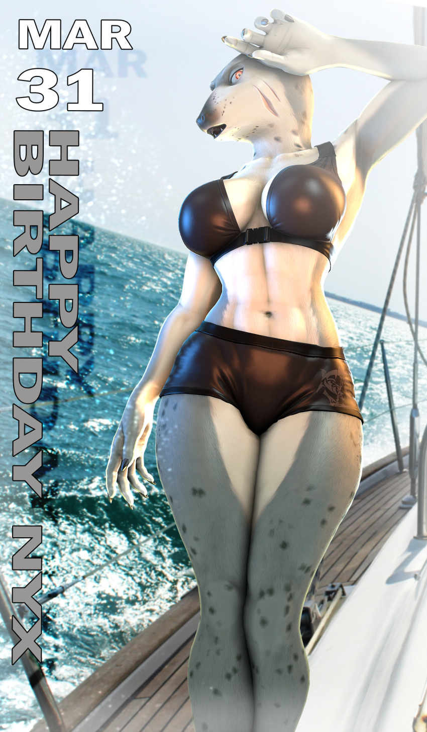 2024 3d_(artwork) 5_fingers anthro athletic athletic_anthro athletic_female bikini bikini_shorts black_bikini black_clothing black_swimwear breasts cleavage clothed clothing digital_media_(artwork) english_text fangs female fingers grey_body grey_skin hi_res humanoid_hands leopard_seal mammal marine midriff navel nyx_(petruz) petruz petruz_(copyright) pinniped sea seal ship solo source_filmmaker_(artwork) swimwear teeth text vehicle water watercraft