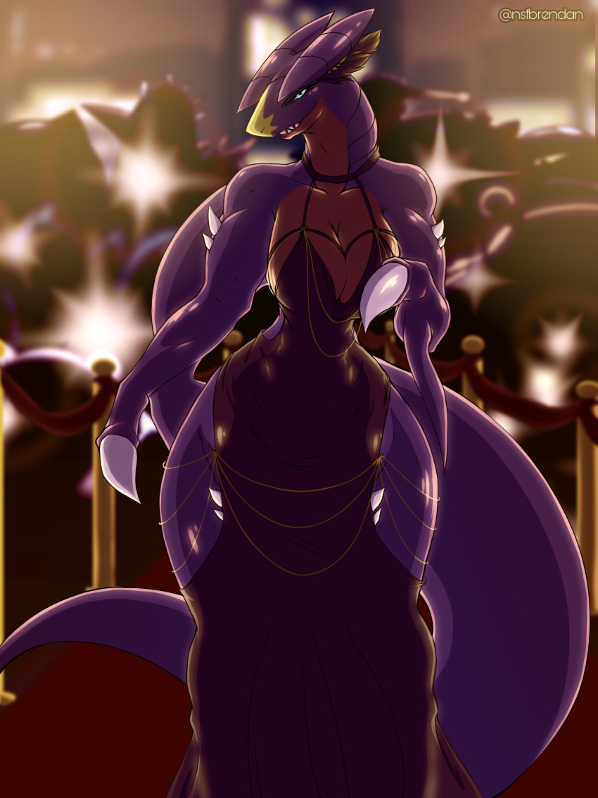 2024 3:4 anthro ass big_breasts big_butt black_clothing black_dress blue_eyes blush breasts brennan_d_vries building camera_flash city claws clothed clothing curvy_female curvy_figure digital_media_(artwork) dragon dress female garchomp generation_4_pokemon greys_(brennan_d_vries) group head_accessory hi_res hollow_hip_backless_chain_dress humanoid lipstick looking_at_viewer makeup meme meme_clothing multicolored_body mythological_creature mythological_scalie mythology narrowed_eyes night nintendo open_mouth paparazzi photography pokemon pokemon_(species) purple_body red_body red_rug scalie seductive signature simple_background smile solo_focus spikes spikes_(anatomy) tagme tail thick_thighs tongue two_tone_body wide_hips