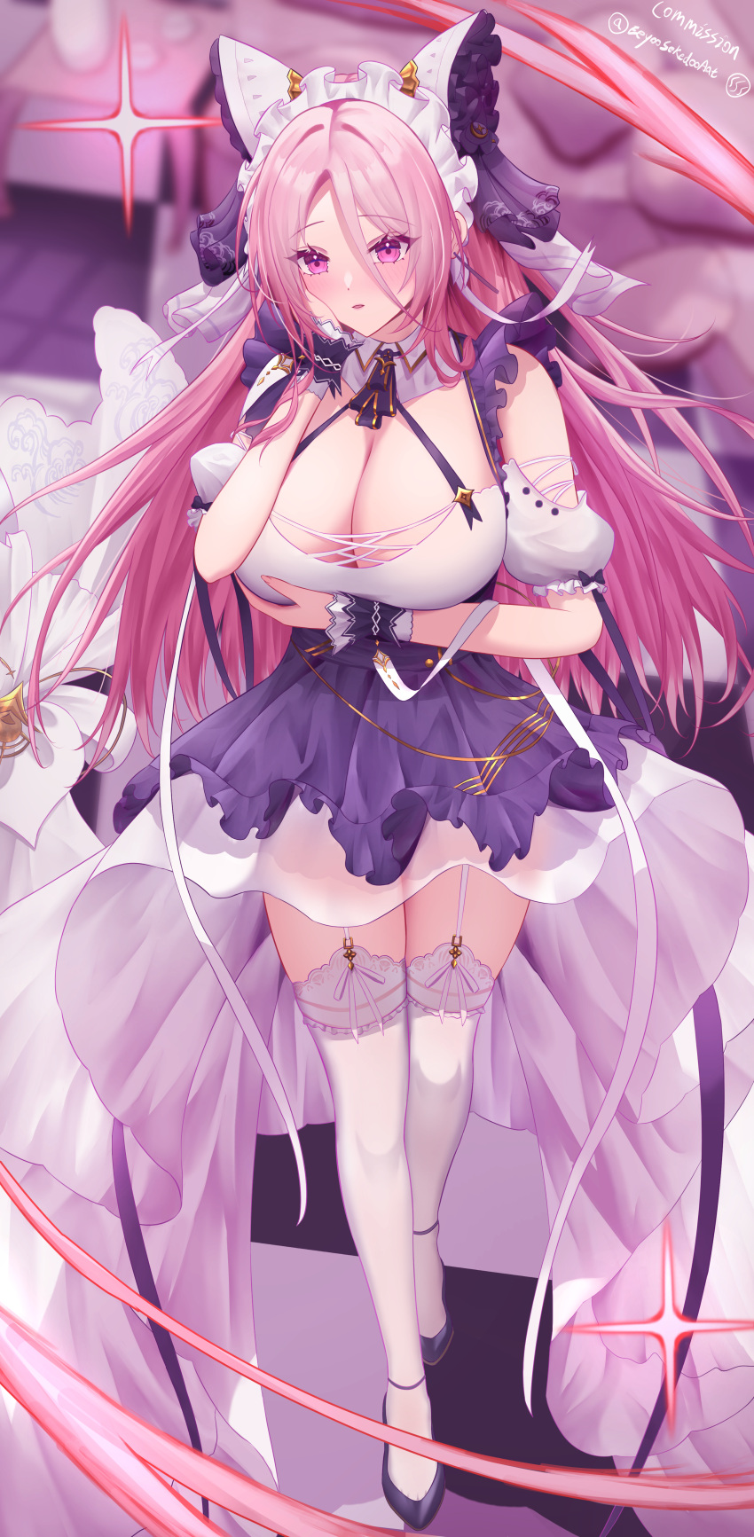 absurdres alternate_costume animal_ears apron arms_under_breasts azur_lane breasts cheshire_(azur_lane) cheshire_(azur_lane)_(cosplay) cleavage commentary commission cosplay detached_sleeves dress eeyoosekedooaat english_commentary enmaided fake_animal_ears female frilled_hairband frilled_ribbon frills full_body garter_straps hairband highres huge_breasts lace-trimmed_thighhighs layered_dress lexington_(azur_lane) long_hair long_ribbon looking_at_viewer maid maid_headdress pink_eyes pink_hair pixiv_commission puffy_detached_sleeves puffy_sleeves purple_apron purple_footwear ribbon shoes solo thighhighs white_dress white_garter_straps white_thighhighs wrist_cuffs