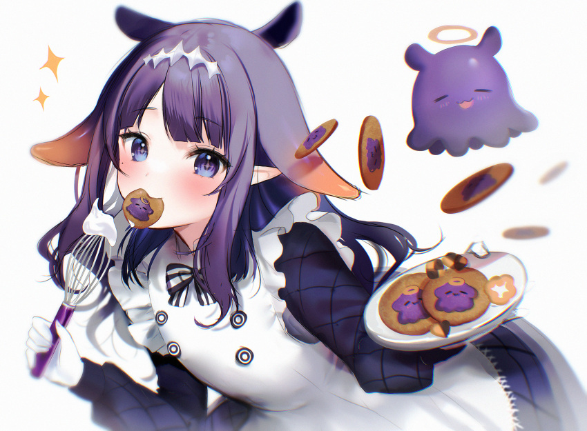 apron black_dress blush cookie dress female food gloves highres holding holding_plate holding_whisk hololive hololive_english long_hair looking_at_viewer maru_ccy mole mole_under_eye mouth_hold ninomae_ina'nis ninomae_ina'nis_(pastry_chef) official_alternate_costume plate pointy_ears purple_hair sidelocks smile solo takodachi_(ninomae_ina'nis) tentacle_hair virtual_youtuber whisk white_apron white_gloves