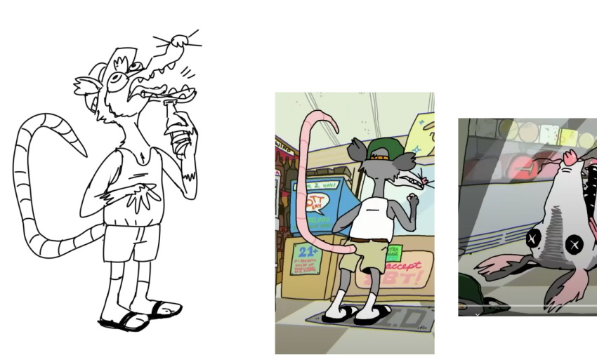 2024 4_fingers adult_swim american_opossum anthro biped bottomwear cartoon_network clothing fingers footwear gassy's_gas_'n_stuff gilbert_(gassy's_gas_'n_stuff) hat headgear headwear male mammal mandofeovg marsupial open_mouth sandals screencap shirt shorts solo topwear