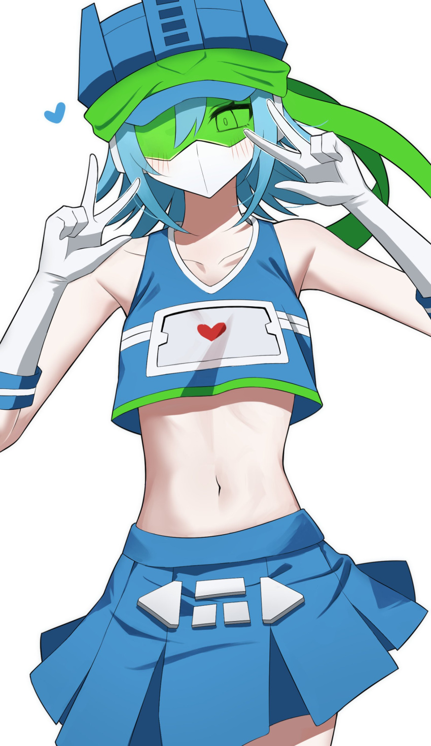 absurdres blue_heart blue_skirt blue_tank_top collarbone commentary_request crop_top double_v female genderswap_(mtf) gloves green-tinted_eyewear heart highres humanization idzuki_kenkyu-in looking_down mask midriff mouth_mask navel rule_63 simple_background sir_soundwave skirt solo soundwave_(transformers) sunglasses tank_top tinted_eyewear transformers transformers_shattered_glass v white_background white_gloves