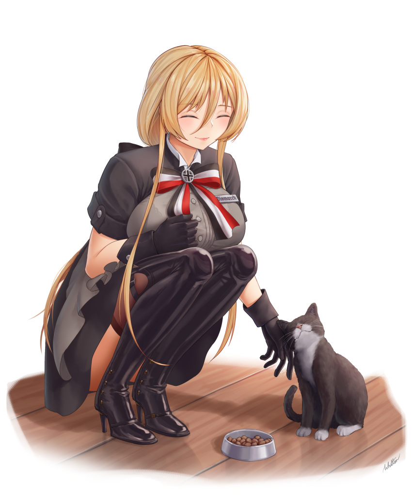 absurdres azur_lane bismarck_(azur_lane) bismarck_(iron_black_elysium)_(azur_lane) black_dress black_footwear black_gloves blonde_hair blue_eyes boots breasts closed_eyes dress feline female framed_breasts full_body gloves grey_shirt hair_between_eyes high_heels highres imperial_german_flag large_breasts long_hair official_alternate_costume shirt short_sleeves simple_background solo squatting thigh_boots thighhighs unsinkable_sam white_background whitter wooden_floor