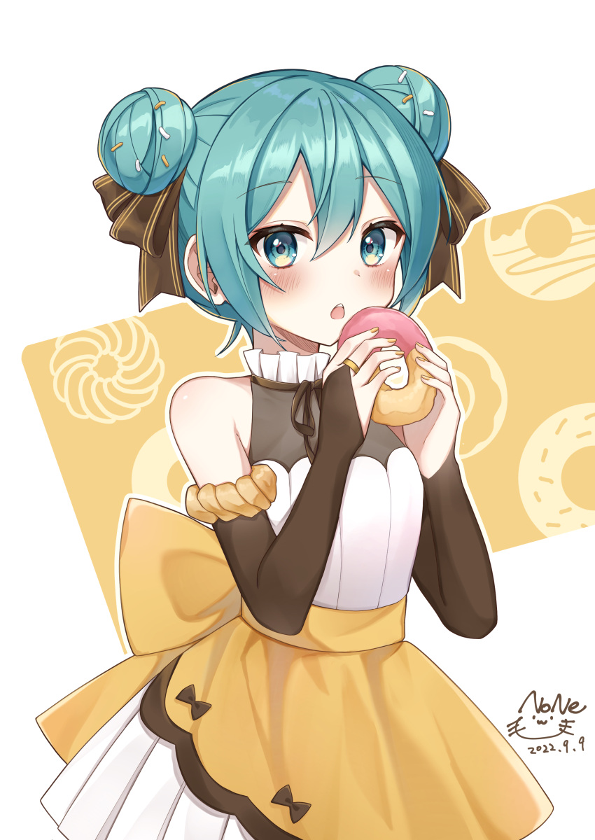 absurdres bare_shoulders black_bow blue_eyes blue_hair blush bow bridal_gauntlets brown_background commentary dated double_bun doughnut dress female food food-themed_background hair_bun hairbow hands_up hatsune_miku highres holding holding_food looking_at_viewer noneon319 parted_lips pleated_dress signature sleeveless sleeveless_dress solo symbol-only_commentary teeth two-tone_background upper_teeth_only vocaloid white_background white_dress