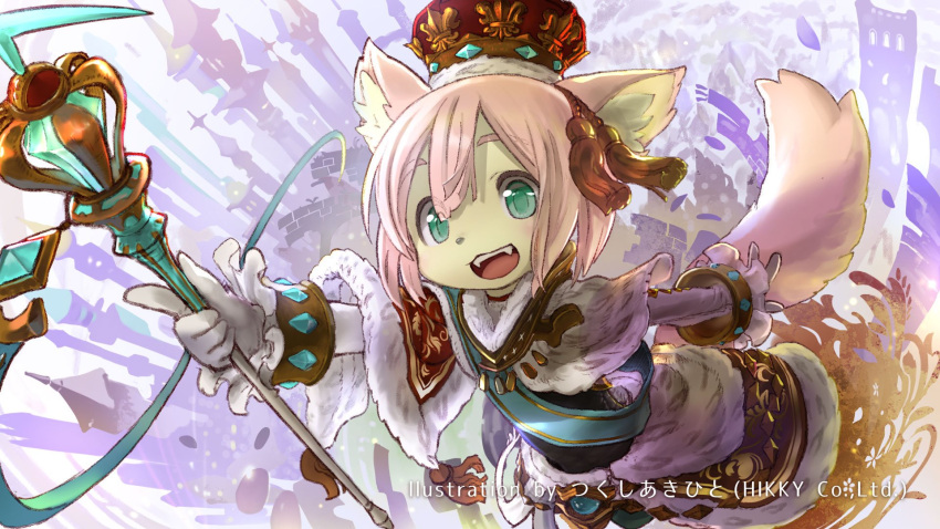 16:9 anthro canid canine canis clothed clothing crown domestic_dog fangs fur green_eyes hair headgear hi_res inner_ear_fluff kemono lionel_eleonore_de_chienia male mammal open_mouth open_smile pink_hair royalty smile solo tan_body tan_fur teeth tsukushi_akihito tuft widescreen