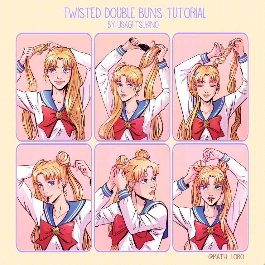 absurdres bishoujo_senshi_sailor_moon bishoujo_senshi_sailor_moon_(first_season) blue_eyes bow brushing_hair brushing_own_hair character_name double_bun english_commentary english_text female hair_bun hair_tie_in_mouth highres how_to kath_lobo magical_girl mouth_hold multiple_views parted_bangs red_bow sailor_collar sailor_moon sailor_senshi_uniform smile transformation_brooch_(sailor_moon) tsukino_usagi twintails tying_hair