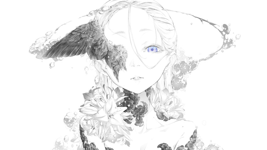 absurdres arm_tattoo bad_id bad_pixiv_id blue_eyes bouno_satoshi commentary feathered_wings female flower greyscale hair_between_eyes head_wings highres looking_at_viewer monochrome neck_tattoo one_eye_covered original parted_lips portrait single_head_wing solo spot_color tattoo water_drop white_background wings