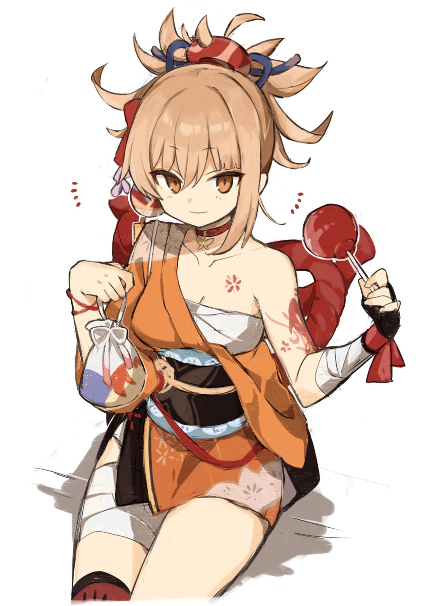 arm_tattoo bad_id bad_twitter_id bag bandages blonde_hair breasts candy_apple chest_tattoo choker cleavage female flower_tattoo food freenote_mr genshin_impact hadanugi_dousa highres holding holding_bag holding_food japanese_clothes kimono looking_at_viewer medium_breasts orange_eyes orange_kimono red_choker sarashi simple_background sitting smile solo tattoo tied_hair white_background yoimiya_(genshin_impact)