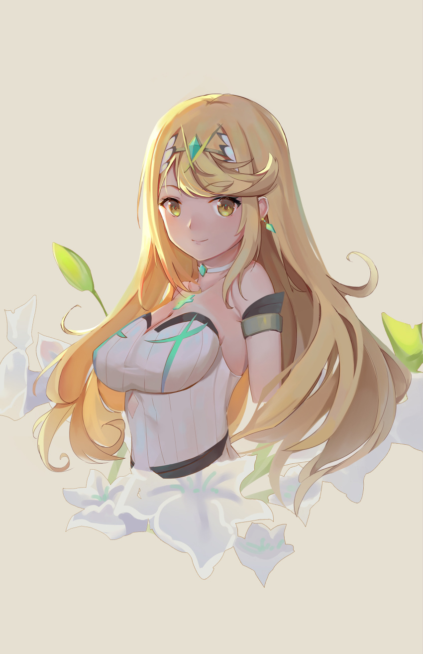 absurdres adapted_costume armlet bare_shoulders blonde_hair breasts choker cleavage closed_mouth collarbone cropped_arms cropped_torso dress earrings female flower gem green_gemstone grey_background highres jewelry kiiro_kimi long_hair medium_breasts mythra_(xenoblade) photoshop_(medium) simple_background smile solo strapless strapless_dress swept_bangs tiara upper_body very_long_hair white_choker white_dress white_flower xenoblade_chronicles_(series) xenoblade_chronicles_2 yellow_eyes