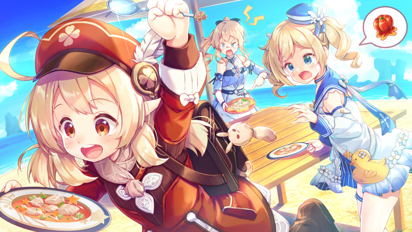 3girls :d ahoge arm_up backpack bag bag_charm barbara_(genshin_impact) barbara_(summertime_sparkle)_(genshin_impact) beach blonde_hair blue_eyes blue_one-piece_swimsuit blue_sky bow braid brown_footwear brown_gloves brown_scarf cabbie_hat charm_(object) cloud cloudy_sky clover_print coat commentary_request day detached_sleeves dodoco_(genshin_impact) food genshin_impact gloves hair_between_eyes hair_ribbon hairbow hat highres holding holding_spoon horizon jean_(genshin_impact) jean_(sea_breeze_dandelion)_(genshin_impact) klee_(genshin_impact) light_brown_hair long_hair long_sleeves looking_at_another looking_away low_twintails masaki_kei multiple_girls ocean official_alternate_costume one-piece_swimsuit open_mouth orange_eyes outdoors pizza plate pocket pointy_ears ponytail randoseru red_coat red_headwear ribbon scarf sidelocks sky smile spoken_food spoon swimsuit table twin_braids twintails