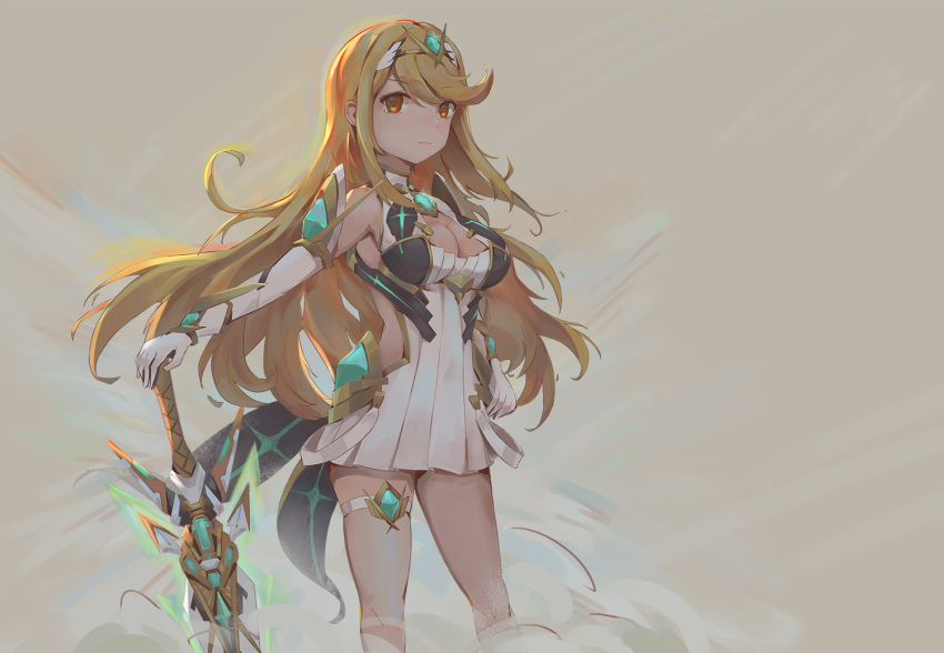 aegis_sword_(xenoblade) armor blonde_hair breasts cleavage_cutout clothing_cutout covered_navel dress earrings female gem headpiece jewelry kiiro_kimi large_breasts long_hair looking_at_viewer mythra_(xenoblade) photoshop_(medium) shoulder_armor simple_background solo swept_bangs sword thigh_strap tiara weapon white_dress xenoblade_chronicles_(series) xenoblade_chronicles_2 yellow_eyes