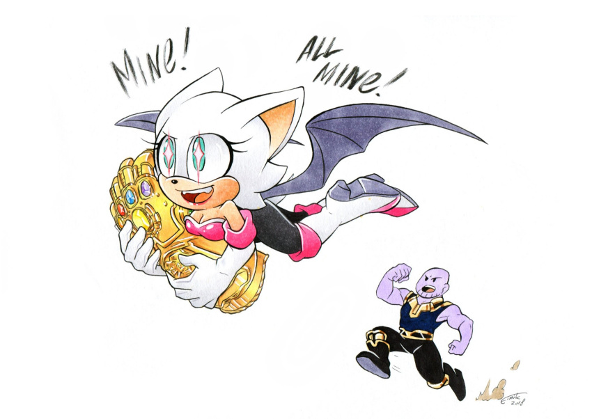 1boy artist_name bat_wings boots crossover dated english_text female finik flying furry furry_female gloves highres infinity_gauntlet marvel open_mouth rouge_the_bat running signature simple_background sonic_(series) teeth thanos upper_teeth_only watermark white_background white_gloves wings