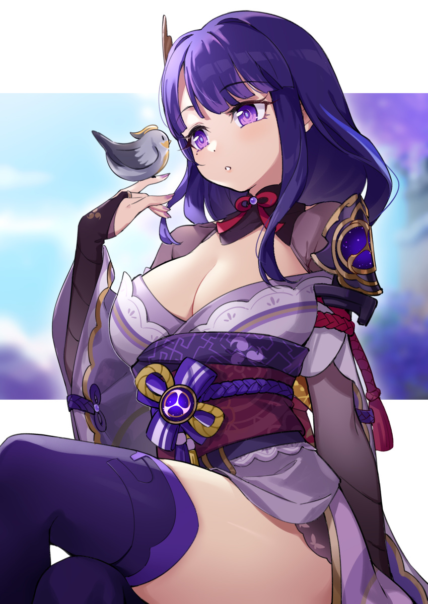 absurdres bird blunt_bangs breasts cleavage female fingerless_gloves genshin_impact gloves highres japanese_clothes kimono large_breasts mole mole_under_eye parted_lips purple_eyes purple_hair purple_kimono purple_thighhighs raiden_shogun shao_(shaorouhong) sitting solo thighhighs thighs wide_sleeves