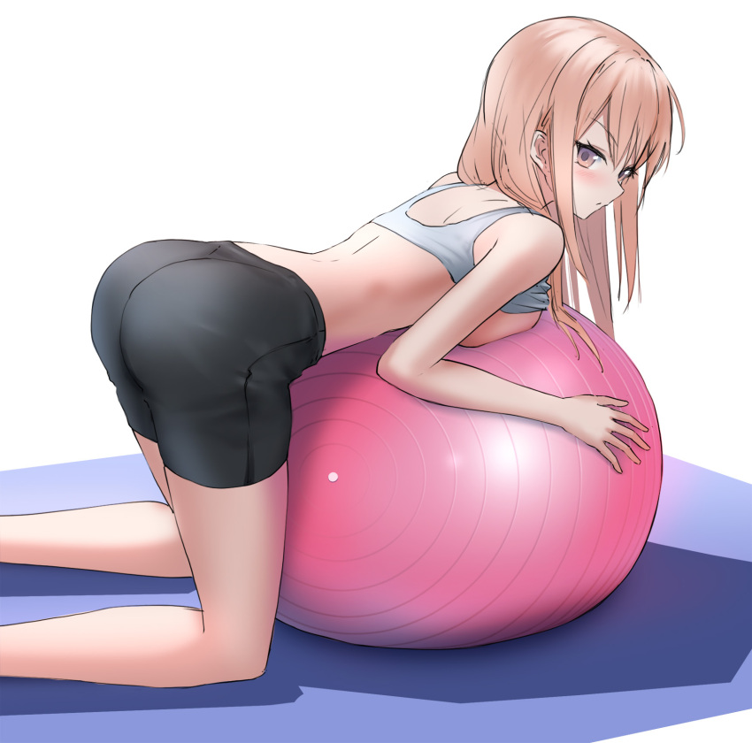 ass back ball bare_arms bare_shoulders bent_over black_shorts blush breast_press breasts brown_eyes brown_hair clothes_lift exercise_ball expressionless feet_out_of_frame female from_side hair_between_eyes highres kneeling leaning_on_ball leaning_on_object looking_at_viewer midriff original short_shorts shorts solo sports_bra sports_bra_lift sportswear straight_hair syatihoko123 turning_head underwear white_background white_sports_bra