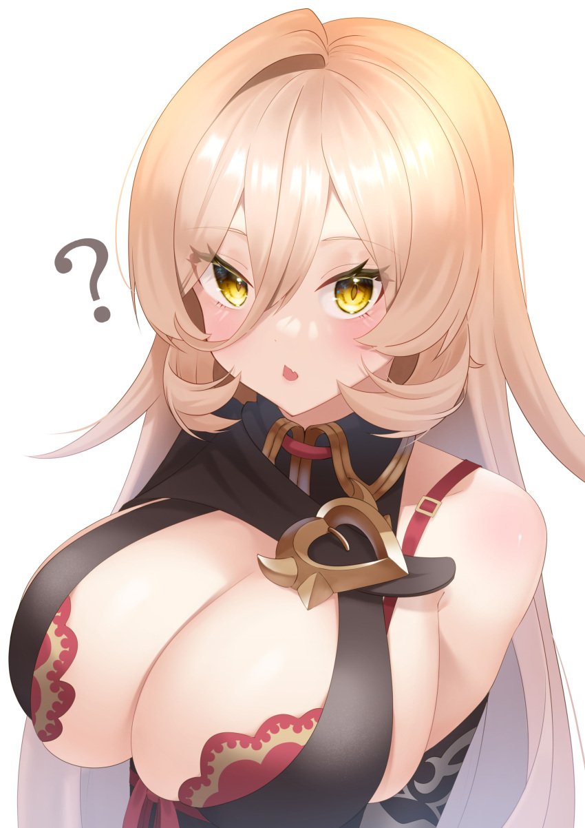 ? absurdres black_dress blonde_hair bra breasts chestnut_mouth cleavage collared_dress curly_hair dress eyelashes female flipped_hair hair_between_eyes highres large_breasts light_blush long_hair looking_at_viewer nijisanji nui_sociere nui_sociere_(1st_costume) oerba_yun_fang open_mouth red_bra revealing_clothes seele0907 shoulder_blush simple_background single_bare_shoulder skin_fang solo underwear upper_body virtual_youtuber white_background yellow_eyes