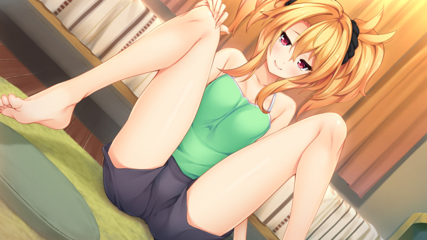 bare_legs barefoot bed bedroom black_scrunchie black_shorts blonde_hair blush breasts bukkake!_doshikoring_minuki_max_acme_shite_mo_ii_desu_ka cleavage closed_mouth collarbone dutch_angle female game_cg green_shirt hair_between_eyes hair_ornament hair_scrunchie hand_on_own_knee indoors kimotika7 long_hair looking_at_viewer red_eyes sawaki_akina scrunchie shirt short_shorts shorts sitting sleeveless sleeveless_shirt small_breasts smile solo spaghetti_strap twintails wooden_floor