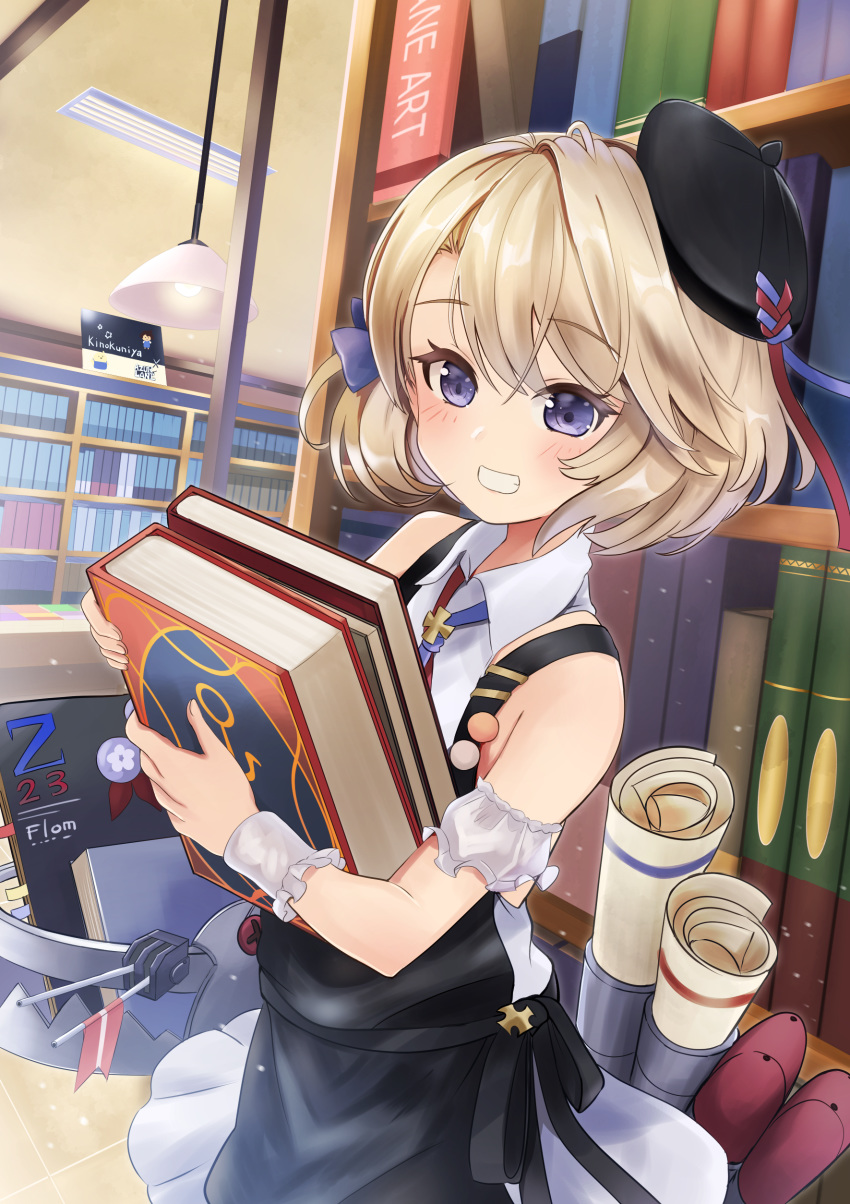 absurdres apron azur_lane bad_id bad_pixiv_id bare_shoulders beret black_apron black_hat blue_eyes blush book bookshelf bow collared_dress commentary_request cowboy_shot cross dress female grin hair_between_eyes hairbow hat highres holding holding_book indoors iron_cross lamp library light_brown_hair looking_at_viewer manjirou_(manji_illust) official_alternate_costume purple_bow short_hair sidelocks sleeveless sleeveless_dress smile solo standing tilted_headwear torpedo turret white_dress wrist_cuffs z23_(azur_lane) z23_(the_eyecatch_in_the_rye?)_(azur_lane)