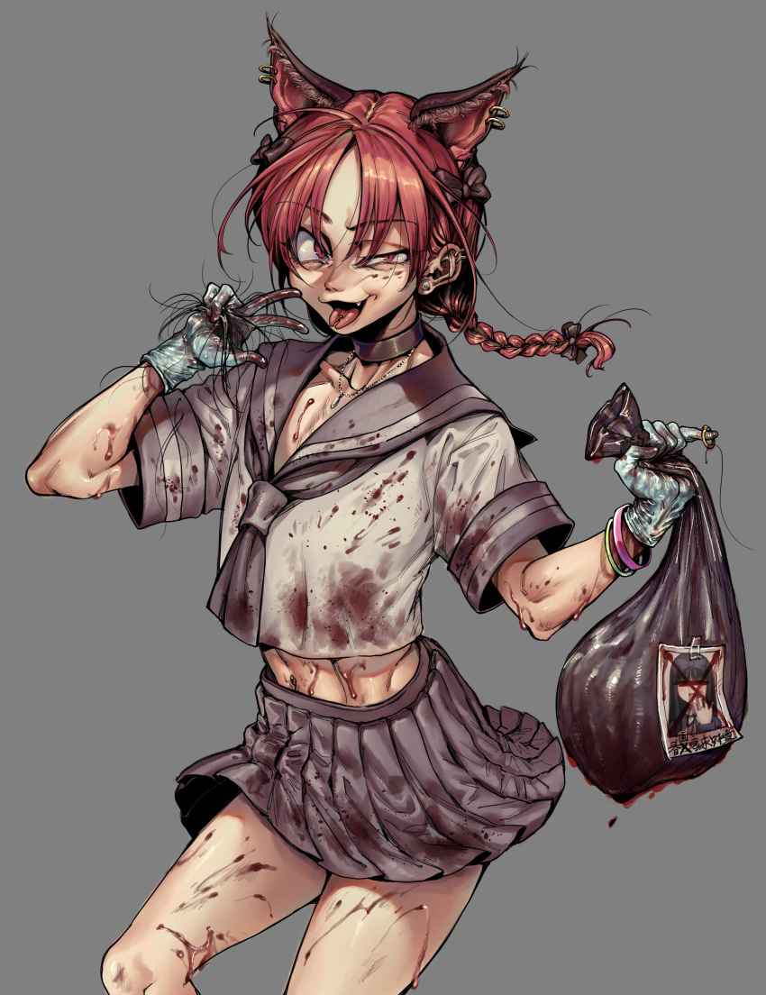 1boy absurdres alternate_costume animal_ears bag bangle black_bow black_skirt blood blood_on_clothes blue_gloves bow bracelet braid braided_ponytail cat_boy cat_ears choker commentary_request cookie_(touhou) cowboy_shot ear_piercing extra_ears eyes_visible_through_hair forked_tongue genderswap_(ftm) gloves grey_background hair_between_eyes hairbow highres holding holding_bag implied_murder jewelry jgknskdcfwnmnk_(cookie) kaenbyou_rin looking_at_viewer male_focus medium_hair midriff_peek miniskirt navel necklace oerba_yun_fang open_mouth otoko_no_ko piercing pleated_skirt red_eyes red_hair ring rule_63 school_uniform serafuku severed_hair shunga_youkyu simple_background skirt solo standing star_sapphire tongue tongue_out tongue_piercing toteraba touhou translation_request trash_bag uneven_eyes