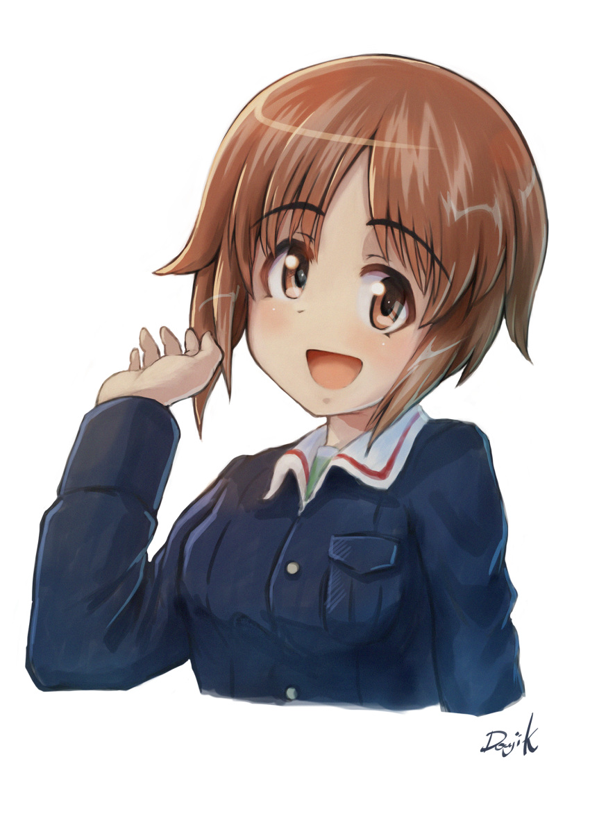 :d brown_hair female girls_und_panzer hand_up highres kuroneko_douji nishizumi_miho ooarai_military_uniform open_mouth short_hair signature smile solo upper_body white_background