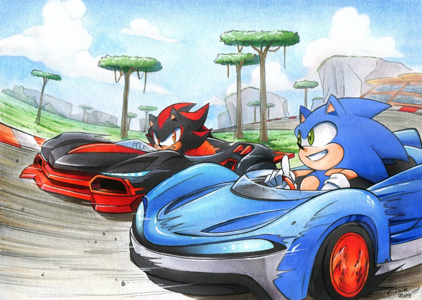 2boys artist_name blue_sky car cloud dated finik furry furry_male green_eyes grin motion_blur motor_vehicle multiple_boys outdoors racing red_eyes road shadow_the_hedgehog signature sky smile sonic_(series) sonic_the_hedgehog team_sonic_racing teeth tree watermark