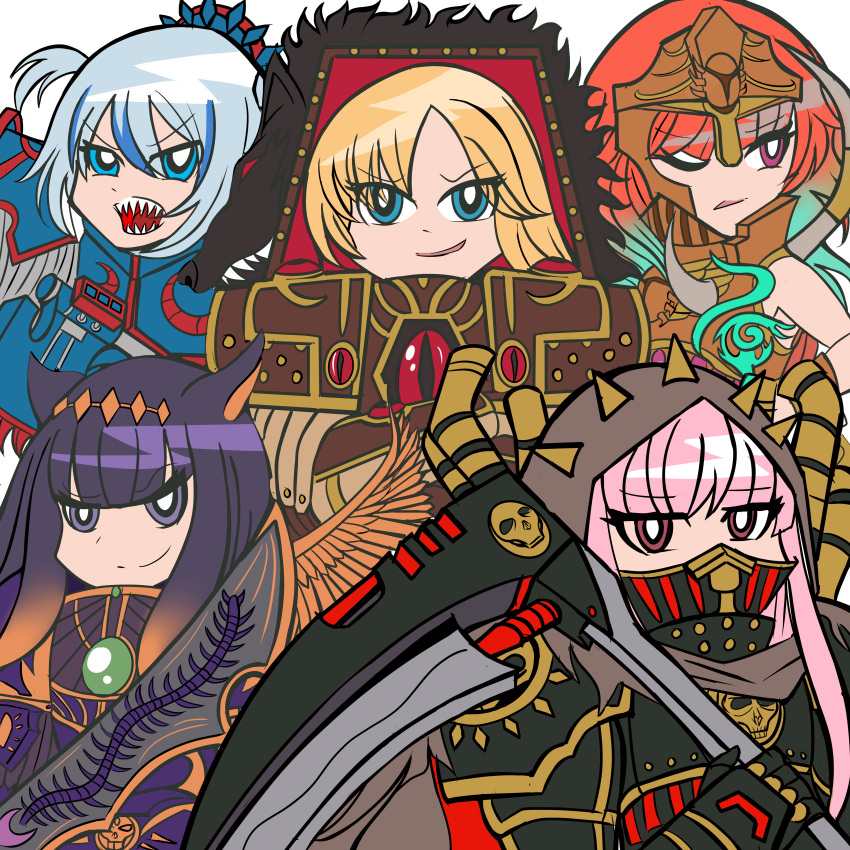 5girls absurdres angron armor black_legion blonde_hair blue_eyes blue_hair bmpc_unta_kilat chaos_(warhammer) commentary crossover death_guard emperor's_children english_commentary eyes_of_horus_(warhammer_40k) fulgrim gawr_gura highres hololive hololive_english holomyth horus_lupercal magnus_the_red mori_calliope mortarion multiple_girls ninomae_ina'nis orange_hair pink_hair power_armor primarch purple_eyes purple_hair red_eyes scythe sharp_teeth sword takanashi_kiara teeth thousand_sons virtual_youtuber warhammer_40k watson_amelia weapon world_eaters