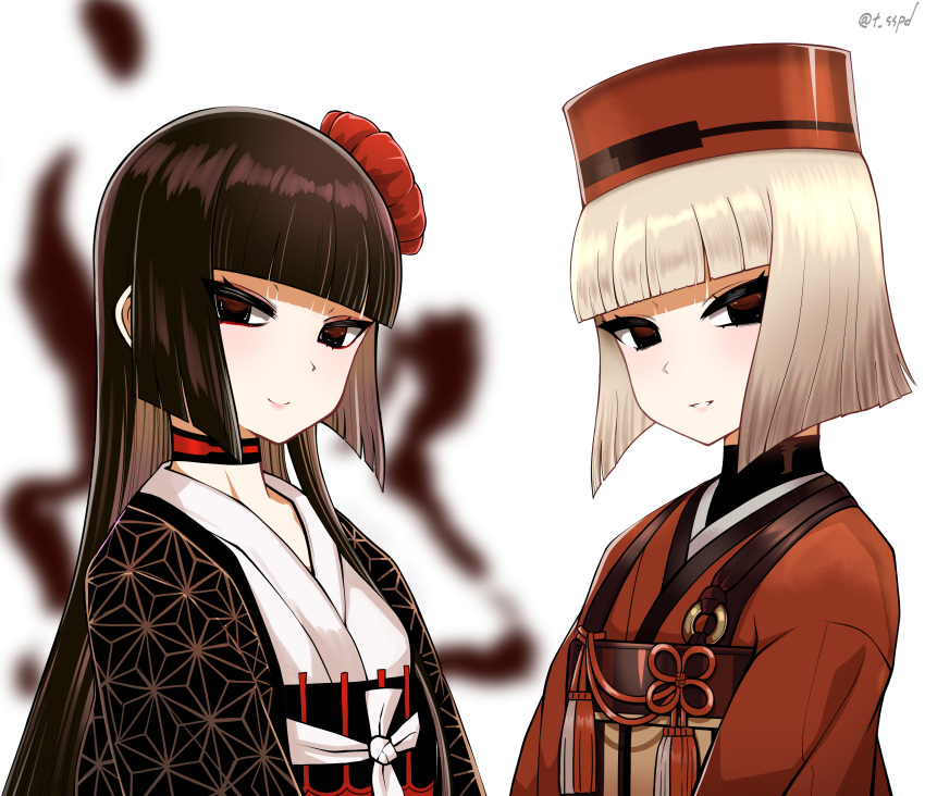 2girls absurdres asa_no_ha_(pattern) black_eyes black_hair black_kimono blunt_bangs blunt_ends blurry blurry_background blush breasts chinese_knot choker closed_mouth commentary_request eyeliner fate/grand_order fate_(series) flower grey_hair hair_flower hair_ornament hat highres japanese_clothes kimono komahime_(fate) long_hair long_sleeves looking_at_viewer makeup multiple_girls obi red_headwear red_kimono right-over-left_kimono sash sekai_saisoku_no_panda sen_no_rikyu_(fate) short_hair small_breasts smile tassel tsurime very_long_hair wide_sleeves