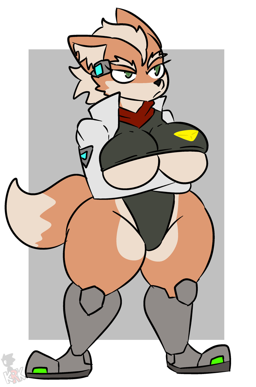 absurd_res anthro big_breasts breasts canid canine crossed_arms cybernetic_leg cybernetic_limb female fox fox_mccloud hi_res kingretrokirby mammal mtf_crossgender nintendo rule_63 solo star_fox thick_thighs under_boob