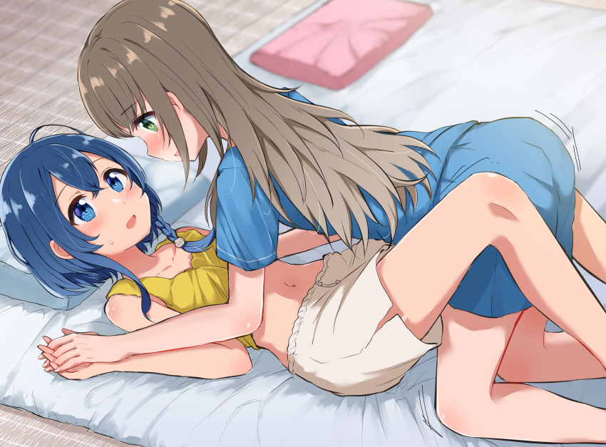 2girls between_legs blue_eyes blue_hair blush braid brown_hair collarbone commentary_request couple eye_contact green_eyes hair_between_eyes highres holding_hands interlocked_fingers long_hair looking_at_another lying misakino_kukuru miyazawa_fuuka multiple_girls na_bia navel on_bed open_mouth pillow shell_hair_ornament shiroi_suna_no_aquatope short_hair shorts smile yuri